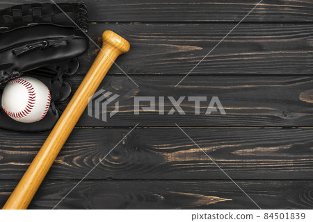 flat lay baseball bat with glove ball. High quality photo 84501839