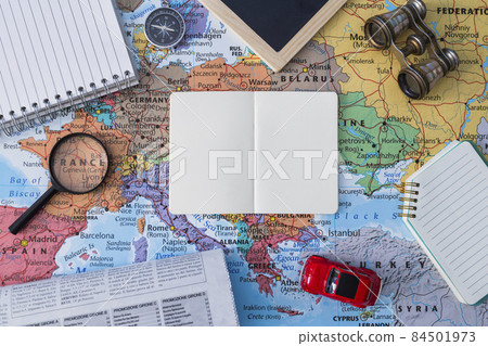 travel elements composition with open book. High quality photo travel elements composition with open book. High quality photo 84501973