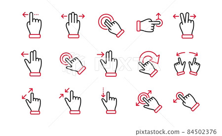 Touchscreen gesture line icons. Hand swipe, Slide gesture, Multitasking icons. Touchscreen technology, tap on screen, drag and drop. Linear set. Linear set. Quality line set. Vector 84502376