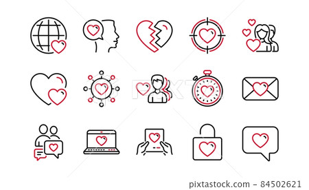 Love line icons. Heart, Valentines day and Relationships. Romantic linear icon set. Linear set. Quality line set. Vector 84502621