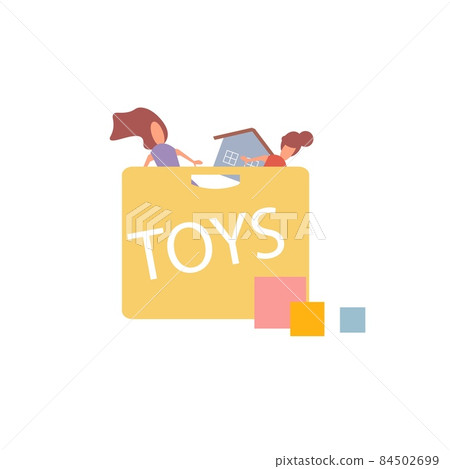 Flat cartoon box with toys,healthy family and happy childhood vector illustration concept Flat cartoon box with toys,healthy family and happy childhood vector illustration concept 84502699