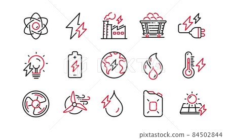 Energy types line icons. Coal Trolley, Solar Panels, Hydroelectric Power icons. Sustainable Electricity, Battery Energy, Fuel canister. Windmill power, Coal mine and Hydroelectricity. Vector 84502844