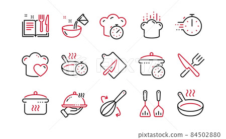 Cooking line icons. Boiling time, Frying pan and Kitchen utensils. Fork, spoon and knife line icons. Recipe book, chef hat and cutting board. Linear set. Linear set. Quality line set. Vector 84502880