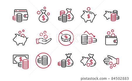 Coins line icons. Cash money, Donation coins, Give tips icons. Business income, Piggy bank, Loan. Money savings, give coin, cash tips. Investment profit, financial crisis. Linear set. Vector 84502883