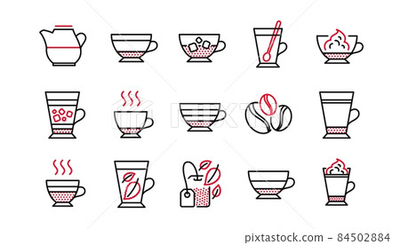 Coffee types and Tea icons. Mocha, Cappuccino and Latte. Americano cup linear icon set. Linear set. Quality line set. Vector 84502884