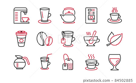 Coffee and Tea line icons. Cappuccino, Teapot and Coffeepot. Coffee beans linear icon set. Linear set. Quality line set. Vector 84502885