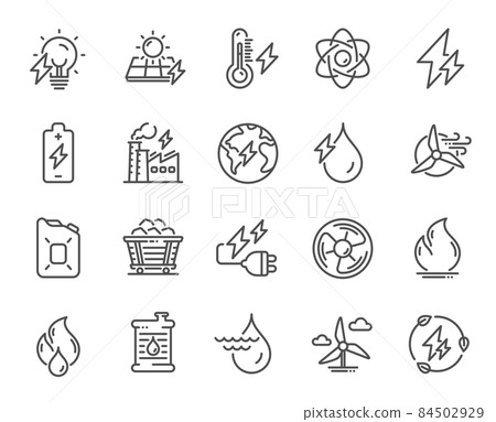 Energy types line icons. Coal Trolley, Solar Panels, Hydroelectric Power icons. Sustainable Electricity, Battery Energy, Fuel canister. Windmill power, Coal mine and Hydroelectricity. Vector Energy types line icons. Coal Trolley, Solar Panels, Hydroelectric Power icons. Sustainable Electricity, Battery Energy, Fuel canister. Windmill power, Coal mine and Hydroelectricity. Vector 84502929