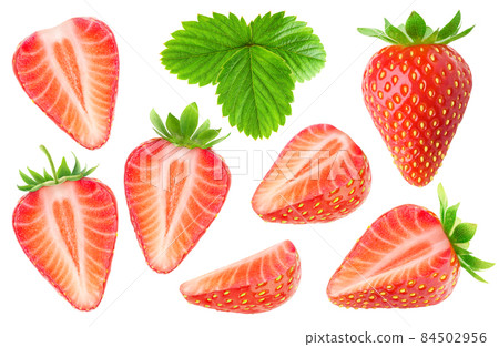 Collection of fresh strawberry fruits whole and cut into pieces with stem and leaf, isolated on white background Collection of fresh strawberry fruits whole and cut into pieces with stem and leaf, isolated on white background 84502956