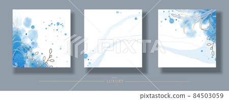 Wedding gold floral invitation simple lines. Blue marble and watercolors. Save the date, thanks. Card design for certificate. Set of vector graphics templates for social networks Wedding gold floral invitation simple lines. Blue marble and watercolors. Save the date, thanks. Card design for certificate. Set of vector graphics templates for social networks 84503059