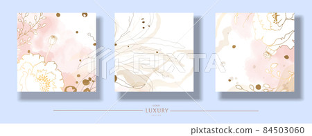 Wedding floral invitation simple lines. Pink marble and watercolors. Save the date, thanks. Card design for certificate. Gold lines of flowers. Set of vector graphics templates for social networks 84503060