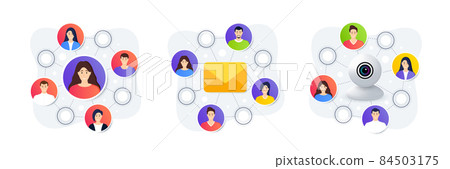 Distance job, Employee work, remote members. Online course education. Video conference, online training and courses. Remote school class teacher. Zoom conference, meetup, distance work icons. Vector 84503175