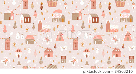 Pink Christmas village. Outdoor Christmas scene. Winter village illustrations. Pink Christmas seamless pattern Panoramic vector background. Magical winter houses, snowmen, Christmas trees, snowangel. Pink Christmas village. Outdoor Christmas scene. Winter village illustrations. Pink Christmas seamless pattern Panoramic vector background. Magical winter houses, snowmen, Christmas trees, snowangel. 84503210
