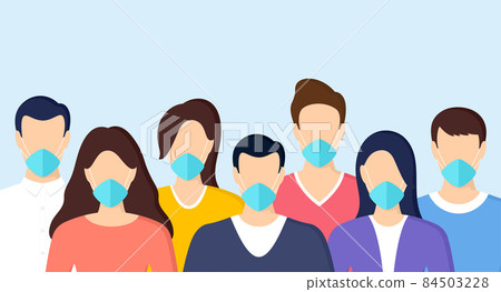 Coronavirus pandemic. People wearing medical face mask. Coronavirus quarantine background. Crowd of human with face mask. Group of people characters against virus. Medicine community. Vector 84503228