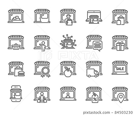 Market store line icons. Online Marketplace, Wholesale Shop, Network Marketing. Store showcase, grocery shop, buyer line icons. Retail seller, fresh market, food delivery. Marketplace app. Vector Market store line icons. Online Marketplace, Wholesale Shop, Network Marketing. Store showcase, grocery shop, buyer line icons. Retail seller, fresh market, food delivery. Marketplace app. Vector 84503230