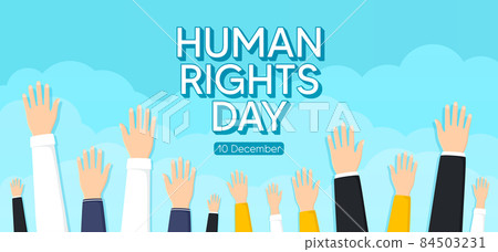 Human rights day with hands. Cloud sky background. Celebrate day of people rights. Society freedom and tolerance. Human hands up background. International unity banner. Cloudy weather. Vector 84503231