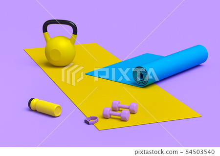 Isometric view of sport equipment like yoga mat, dumbbell, water bottle and smart watches on violet background. 3d render of power lifting and fitness concept Isometric view of sport equipment like yoga mat, dumbbell, water bottle and smart watches on violet background. 3d render of power lifting and fitness concept 84503540