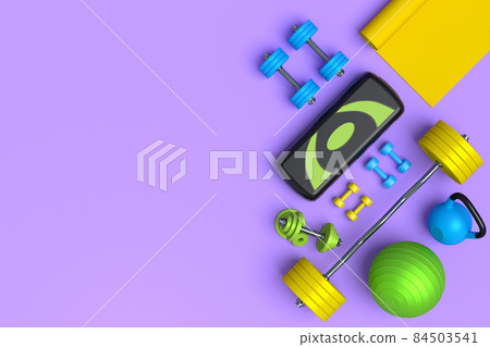 Isometric view of sport equipment like yoga mat, kettlebell, dumbbell and barbell on violet background. 3d render of power lifting and fitness concept Isometric view of sport equipment like yoga mat, kettlebell, dumbbell and barbell on violet background. 3d render of power lifting and fitness concept 84503541