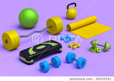 Isometric view of sport equipment like yoga mat, kettlebell, dumbbell and barbell on violet background. 3d render of power lifting and fitness concept Isometric view of sport equipment like yoga mat, kettlebell, dumbbell and barbell on violet background. 3d render of power lifting and fitness concept 84503542