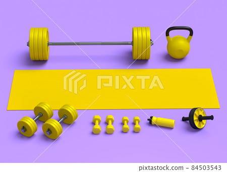 Isometric view of sport equipment like yoga mat, kettlebell, dumbbell and barbell on violet background. 3d render of power lifting and fitness concept Isometric view of sport equipment like yoga mat, kettlebell, dumbbell and barbell on violet background. 3d render of power lifting and fitness concept 84503543