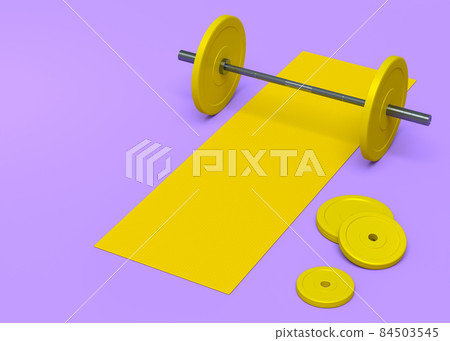 Isometric view of sport equipment like yaoga mat and barbell on violet background. 3d render of power lifting and fitness concept 84503545
