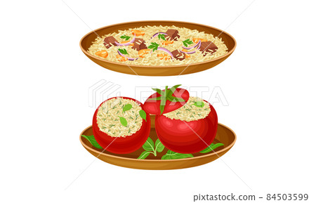 Arabian cuisine dishes set. Pilaf and stuffed peppers vector illustration 84503599
