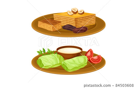 Arabian cuisine dishes set. Dolma and baklava vector illustration Arabian cuisine dishes set. Dolma and baklava vector illustration 84503608