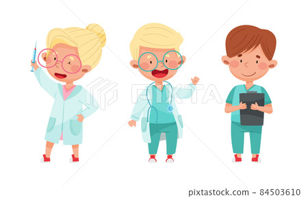 Funny kids playing doctors set. Little children in medical uniform with medical tools cartoon vector illustration Funny kids playing doctors set. Little children in medical uniform with medical tools cartoon vector illustration 84503610