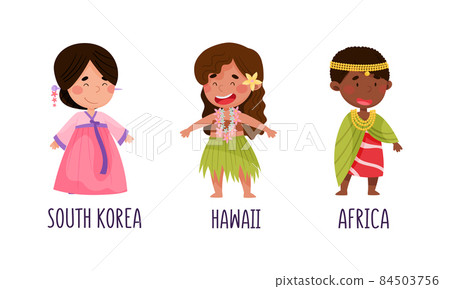 Cute kids in national costumes of different countries set. Children in traditional clothing of South Korea, Hawaii, Africa cartoon vector illustration Cute kids in national costumes of different countries set. Children in traditional clothing of South Korea, Hawaii, Africa cartoon vector illustration 84503756