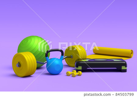 Isometric view of sport equipment like yoga mat, kettlebell, dumbbell and barbell on violet background. 3d render of power lifting and fitness concept Isometric view of sport equipment like yoga mat, kettlebell, dumbbell and barbell on violet background. 3d render of power lifting and fitness concept 84503799