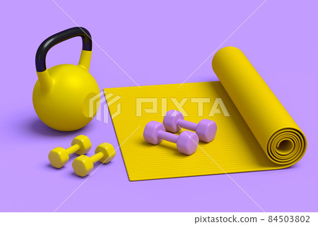 Isometric view of sport equipment like yoga mat, dumbbell and kettlebell on violet background. 3d render of power lifting and fitness concept 84503802