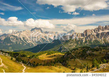 Summer mountain landscape Cinque Torri, Dolomite Alps, Italy 84504012