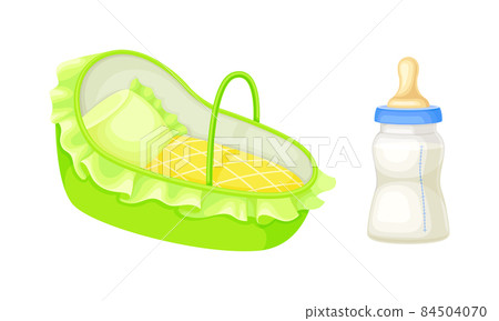 Newborn baby care accessories set. Baby cradle and milk bottle cartoon vector illustration 84504070