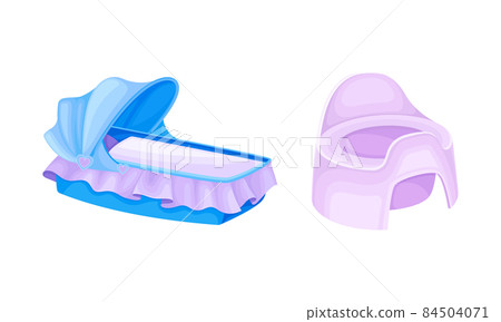 Newborn baby care accessories set. Baby cradle and potty cartoon vector illustration 84504071