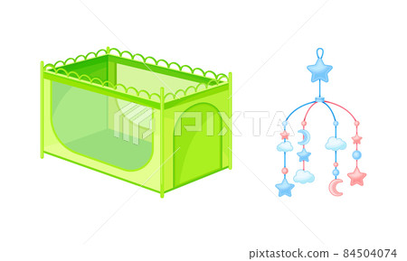 Newborn baby care accessories set. Baby bed carousell and playpen cartoon vector illustration Newborn baby care accessories set. Baby bed carousell and playpen cartoon vector illustration 84504074