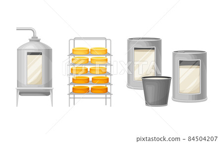 Automated cheese production process. Equipment for production of dairy product vector illustration 84504207