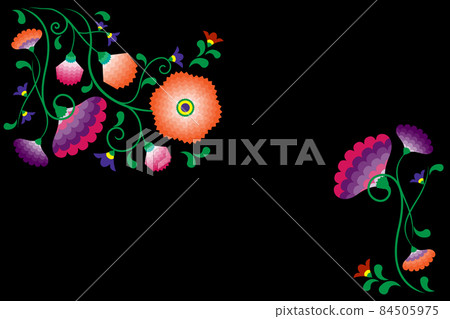 Embroidery native flowers folk pattern with Polish and Mexican influence. Trendy ethnic decorative traditional floral in symmetric design, for fashion, interior, stationery. Vector isolated on black Embroidery native flowers folk pattern with Polish and Mexican influence. Trendy ethnic decorative traditional floral in symmetric design, for fashion, interior, stationery. Vector isolated on black 84505975