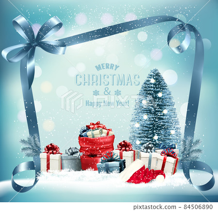Happy Merry Christmas and New Year holiday background with a red sack full presents, christmas tree and santa hat. Vector. 84506890