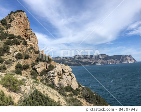 Scenic View Of Sea Against Clear Blue Sky - stock photo Scenic View Of Sea Against Clear Blue Sky - stock photo 84507948