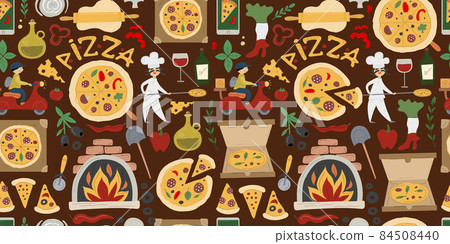 Pizzeria Seamless Pattern Background. Pizza Make and Delivery design elements Pizzeria Seamless Pattern Background. Pizza Make and Delivery design elements 84508440