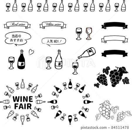 Illustration material: Cute red wine with hand-drawn lines White wine and label set Outline only White background Illustration material: Cute red wine with hand-drawn lines White wine and label set Outline only White background 84511478