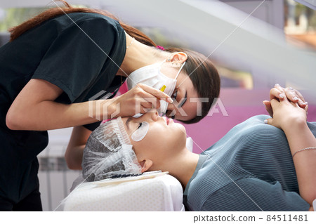Eyelash Extension Procedure. Woman Eye with Long Eyelashes Eyelash Extension Procedure. Woman Eye with Long Eyelashes 84511481