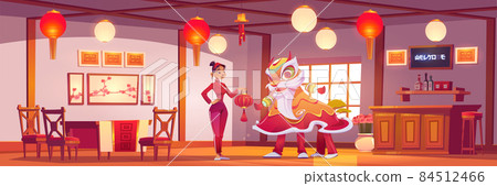 Waitress and New Year Lion in chinese restaurant 84512466