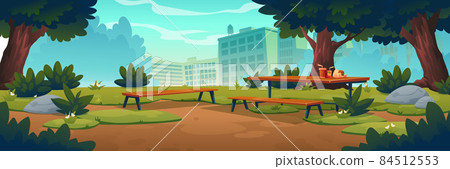 City park with wooden picnic table and benches 84512553