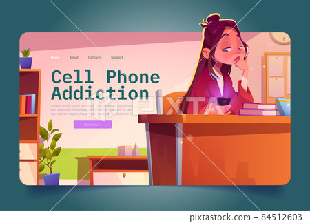 Banner of cell phone addiction with sad girl 84512603