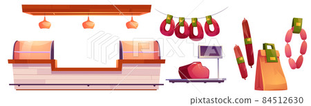 Meat market stall, beef, pork on scales, sausages Meat market stall, beef, pork on scales, sausages 84512630