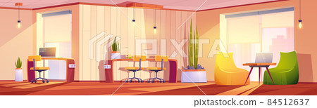 Coworking office with tables, chairs, laptops Coworking office with tables, chairs, laptops 84512637