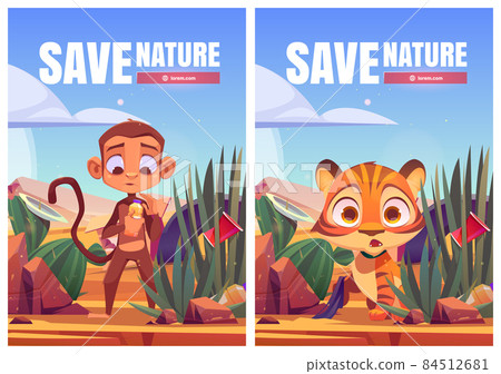 Save nature cartoon posters, tiger cub and monkey 84512681
