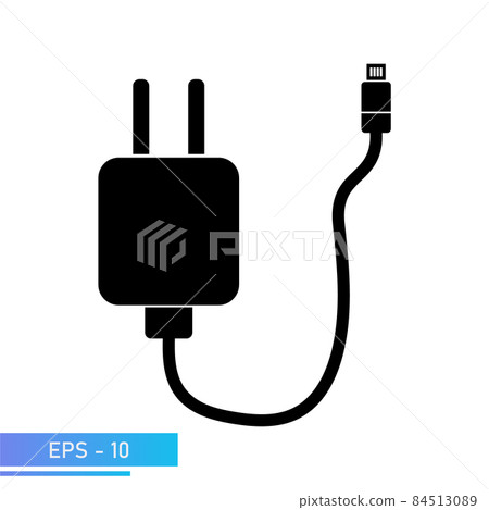A power supply for charging a smartphone with a wire. A charging device for gadgets. The illustration is solid black. Vector illustration. 84513089