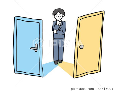 Illustration of a person thinking in front of the door 84513094