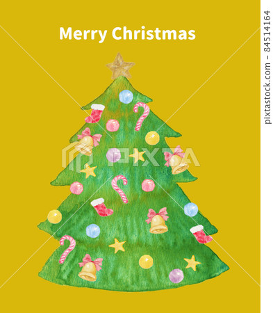 Watercolor illustration material: Fir tree decorated for Christmas Golden background Watercolor illustration material: Fir tree decorated for Christmas Golden background 84514164
